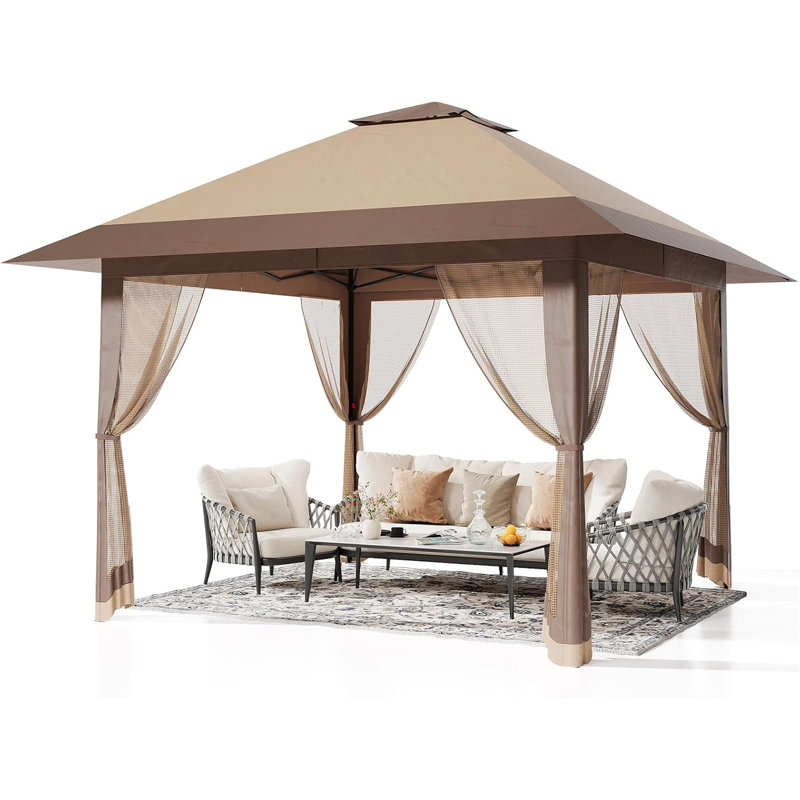 13X13ft Outdoor Pop Up Gazebo, Height Adjustable Pop Up Tent Gazebo With Mesh Cover, Khaki