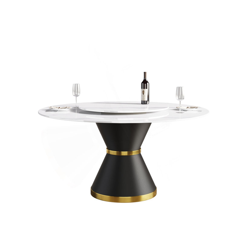 Table de salle à manger moderne 59,05 "en pierre artificielle ronde en acier au carbone pouvant accueillir 6 personnes - Table tournante en pierre artificielle 31,5"