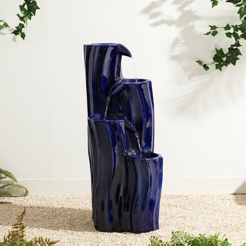 29.5"H 4-Tiered Cobalt Blue Wavy Texture Outdoor Ceramic Fountain With Pump And LED Light (KD), Cobalt Blue