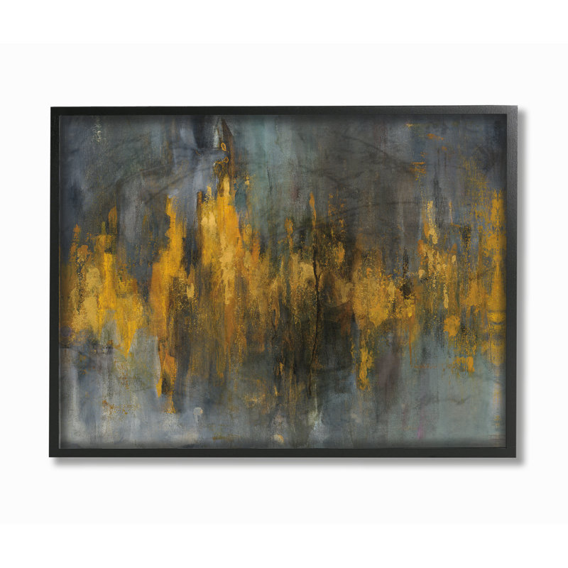 «Black and Gold Abstract Fire», reproduction de peinture acrylique, H 11 po x l 14 po, Giclée encadrée noir minuit