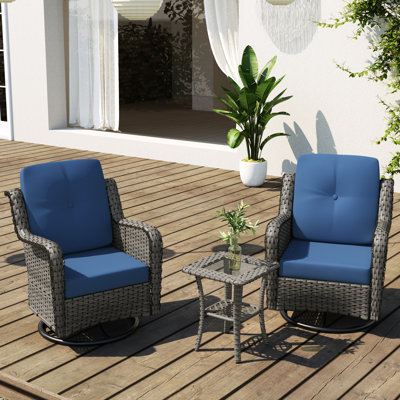 Auryanna Rattan Outdoor Furniture 2 Swivel Chairs with Waterproof Coushions and Glass Top Table Set by Lark Manor