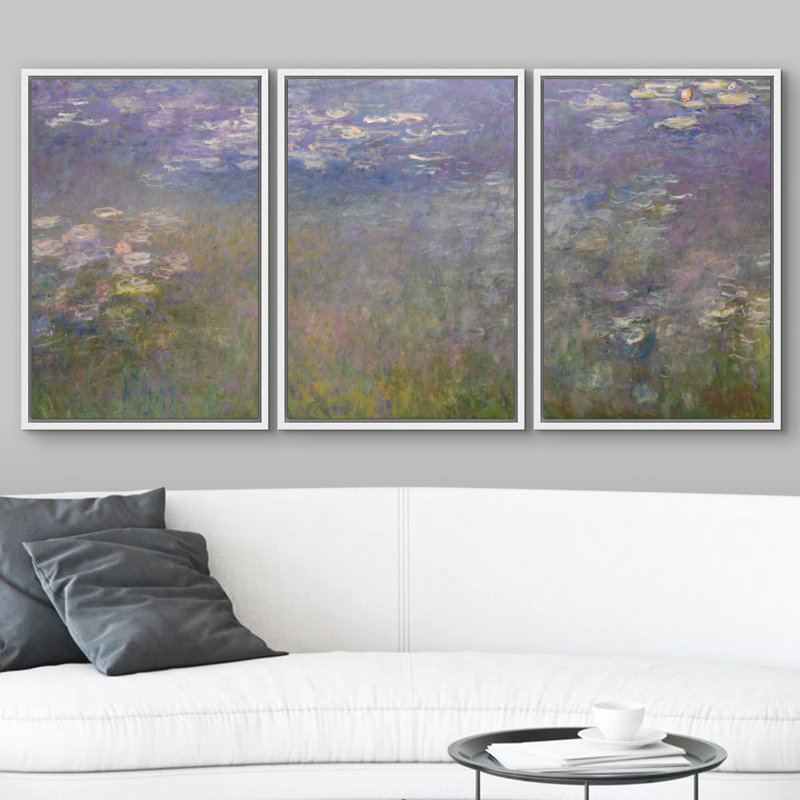 Célèbre œuvre d'art «Nymphéas» par Claude Monet, H 36 po x l 72 po, Cadre flottant blanc