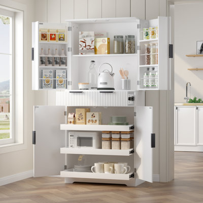 Armoire de cuisine 72 "cannelée avec 3 tiroirs à clavier et 6 tablettes de porte, armoire de rangement autoportante réglable pour la salle de bain, la salle à manger, le bureau, le vestibule, blanc