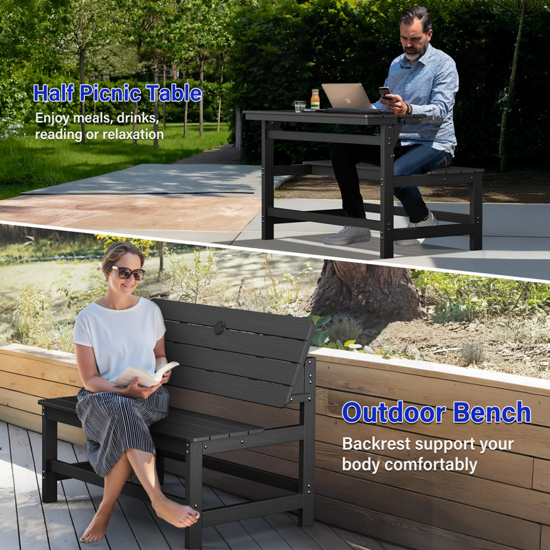 Folding Picnic Outdoor Table Convertible Bench Patio Dining Set, Black