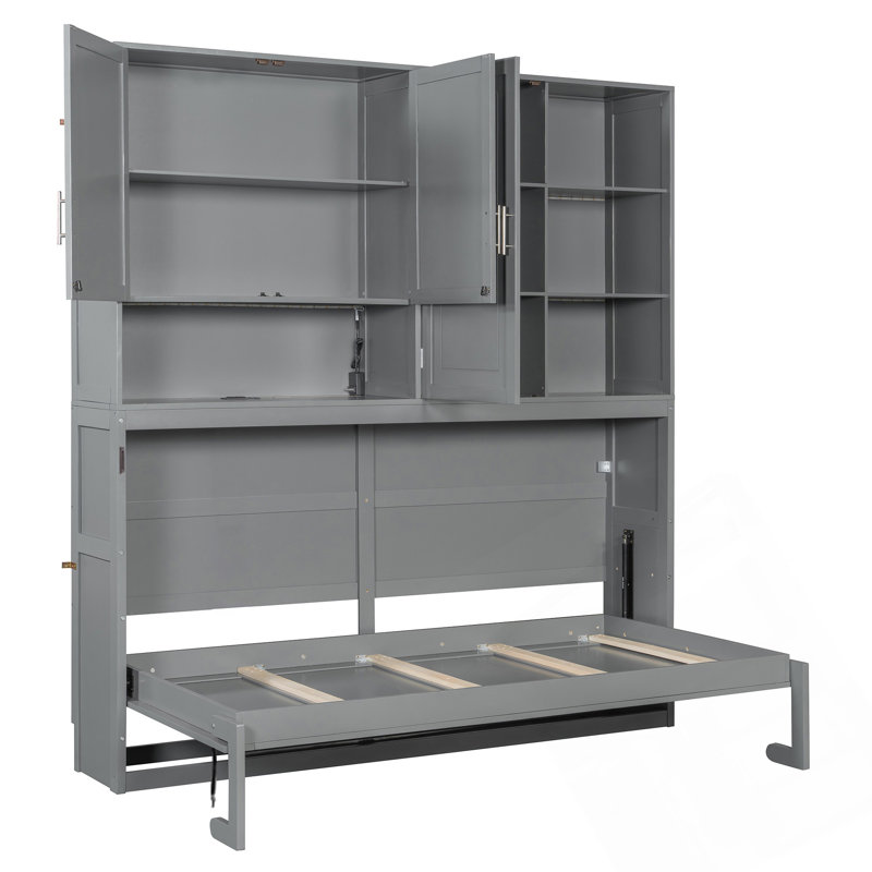 Lit escamotable mural simple avec armoire supérieure, tablettes, lit pliable peu encombrant avec lumière et USB, Gris