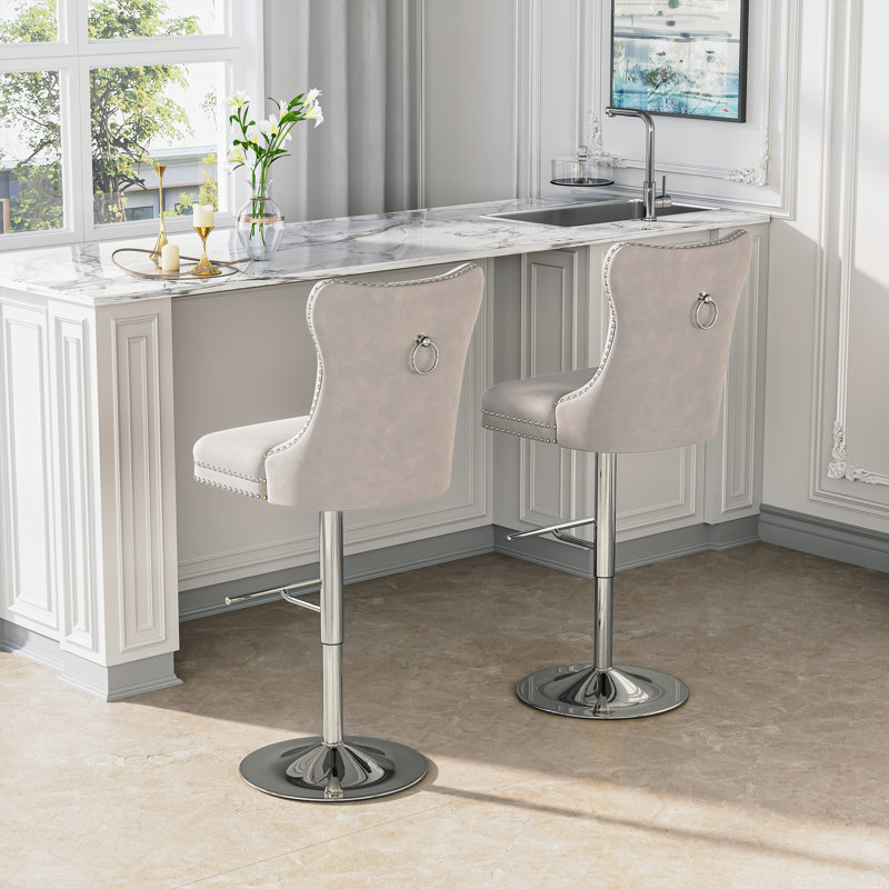 Swivel Upholstered Adjustable Height Counter Stool With Metal Frame, Silver, White, 6