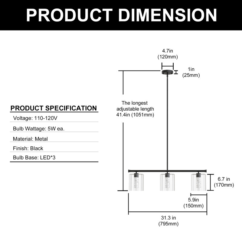 3-Light LED Kitchen Island Pendant Lighting With Remote Control, Matte Black