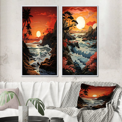 «Beach Crimson Sunset Papercut», 2 pièces