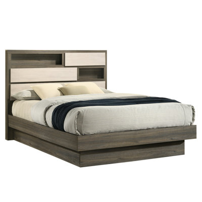 Modern King Size Bed, Beige Brown Wood, Two - Tone Headboard, Built In Storage, Platform Without Box Spring, Bedroom Coziness Bed Frame, Style, Wood Material, Headboard Design,