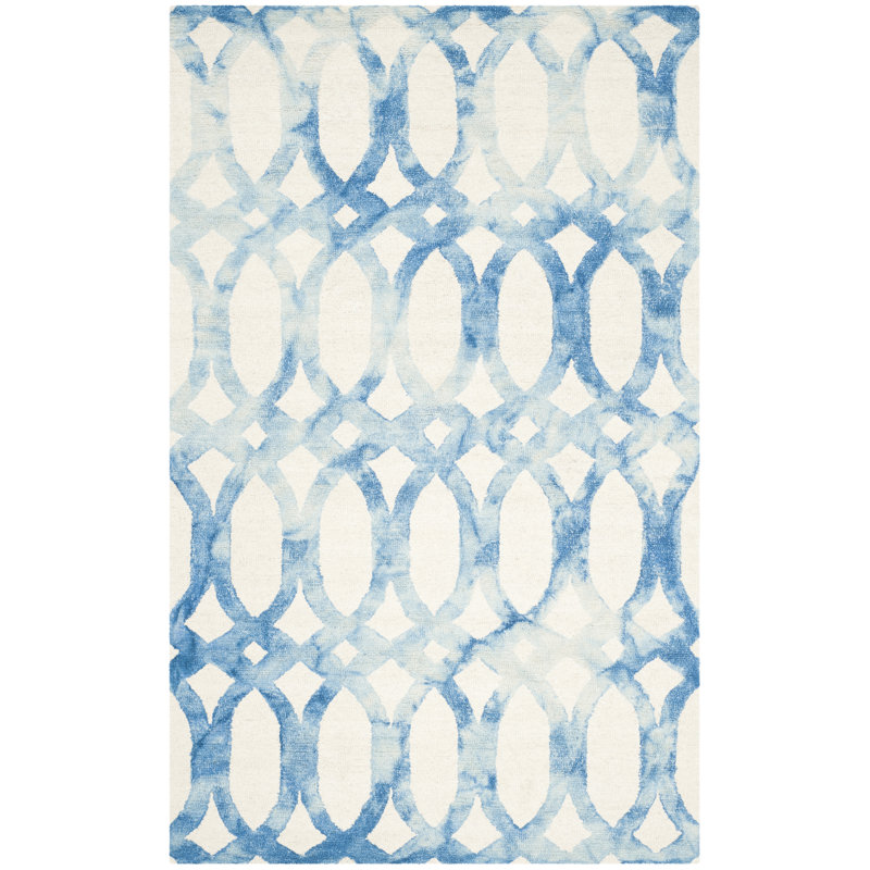 Amekia Hand Tufted Wool/Cotton Geometric Rug in Blue/Ivory, Rectangle 2' x 3'