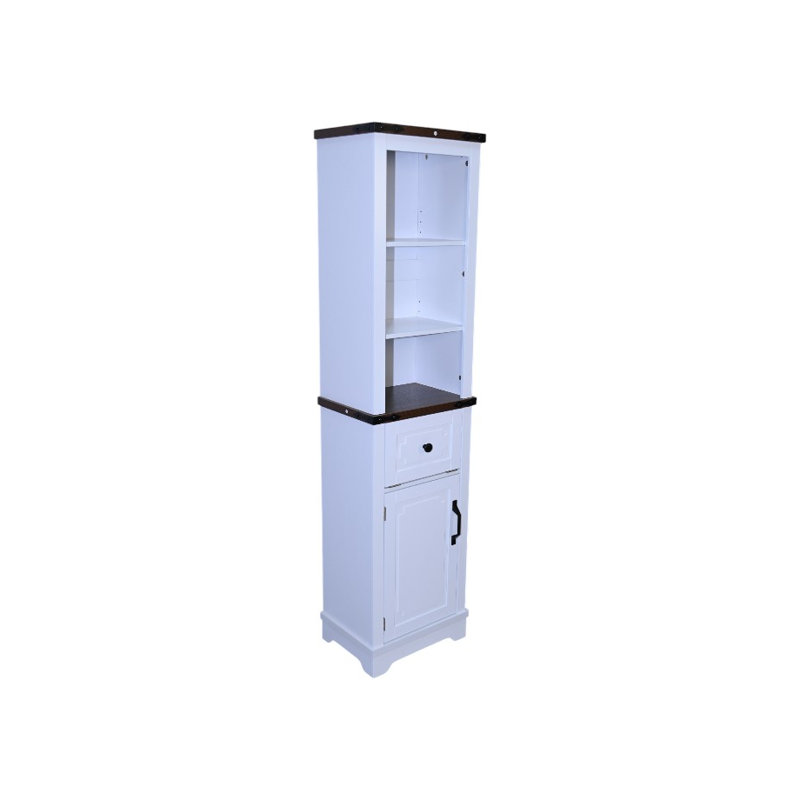 Farmhouse Bathroom Storage Cabinet - Narrow Linen Tower with Adjustable Shelves & Storage Drawer, Tall Bathroom Organizer for Bathroom & Living Room, White with Black Walnut Top
