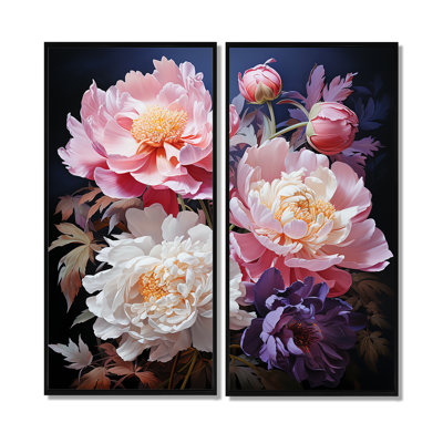 Art asiatique pivoines en rose II - art mural sur toile rose 2 panneaux