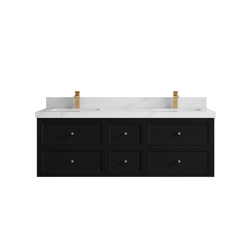 Meuble-lavabo double flottant 60 po avec dessus Roswell, Sienne Calacatta