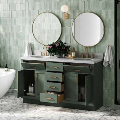 Meuble-lavabo double en bois massif Occhipinti avec plateau en quartz Carrara de 1,5 po