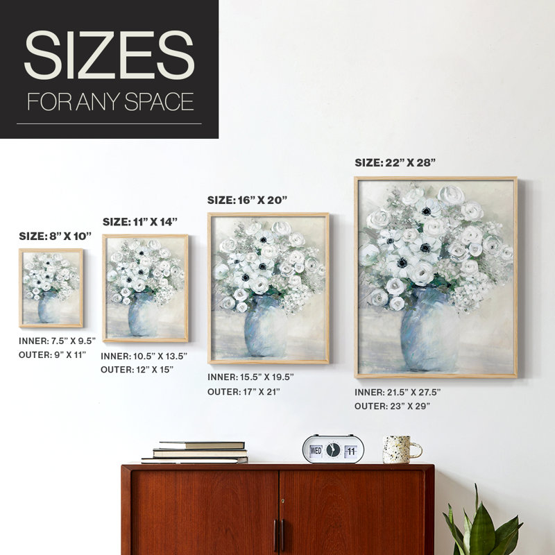 Reproduction encadrée de bouquet d'anémone blanche - bois massif, H 21 po x l 17 po