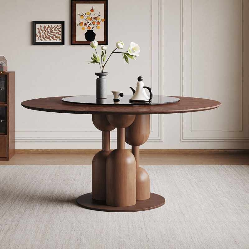 Table de salle à manger ronde 59 pouces en chêne naturel Wabi-Sabi avec plateau tournant en verre trempé de 35 pouces