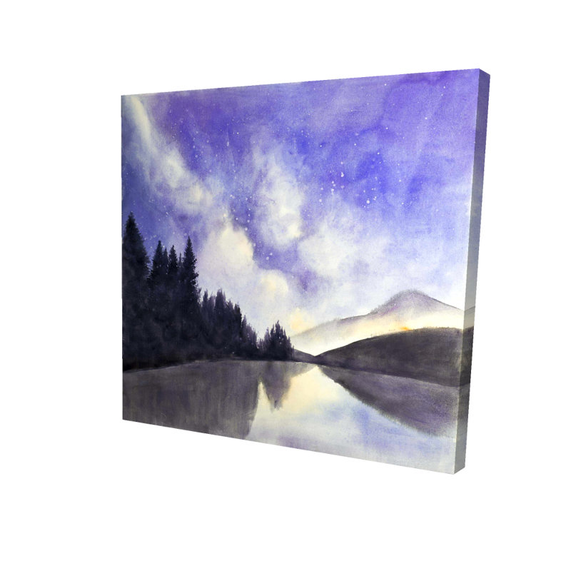 Vue étoilée sur le lac - Toile spirituelle mauve pour chambre à coucher