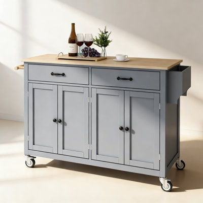 Kitchen Island Cart with 4 Doors and 2 Drawers as well as 2 Locking Wheels - Solid Wood Top, Adjustable Shelves, Spice and Towel Rack by Red Barrel Studio