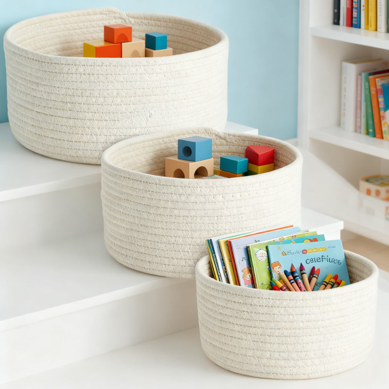 3-Piece Nesting Round Basket Set, Versatile Woven Storage Bins For Home Organization, Space-Saving Stackable Organizers For Shelves And Drawers