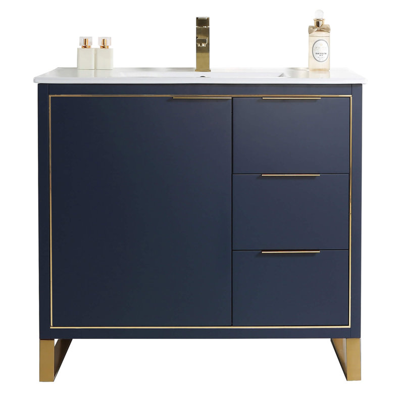 Ensemble de meuble-lavabo simple 36 po, Laiton satiné, Bleu marine