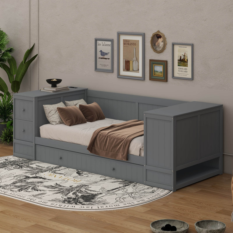 Twin Size Daybed With Trundle, Storage Arms And Charging Station, Gray