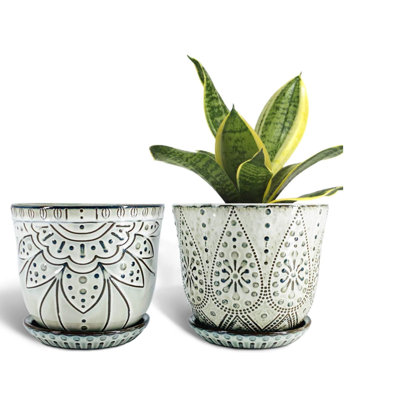 Pot de fleurs en céramique perlé avec trou de drainage et soucoupe; convient aux grandes jardinières rondes d'intérieur / extérieur pour les plantes grasses et les orchidées.