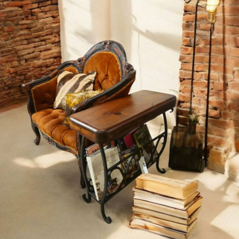 Luxurious Natural Mesquite And Wrought Iron Magazine Table