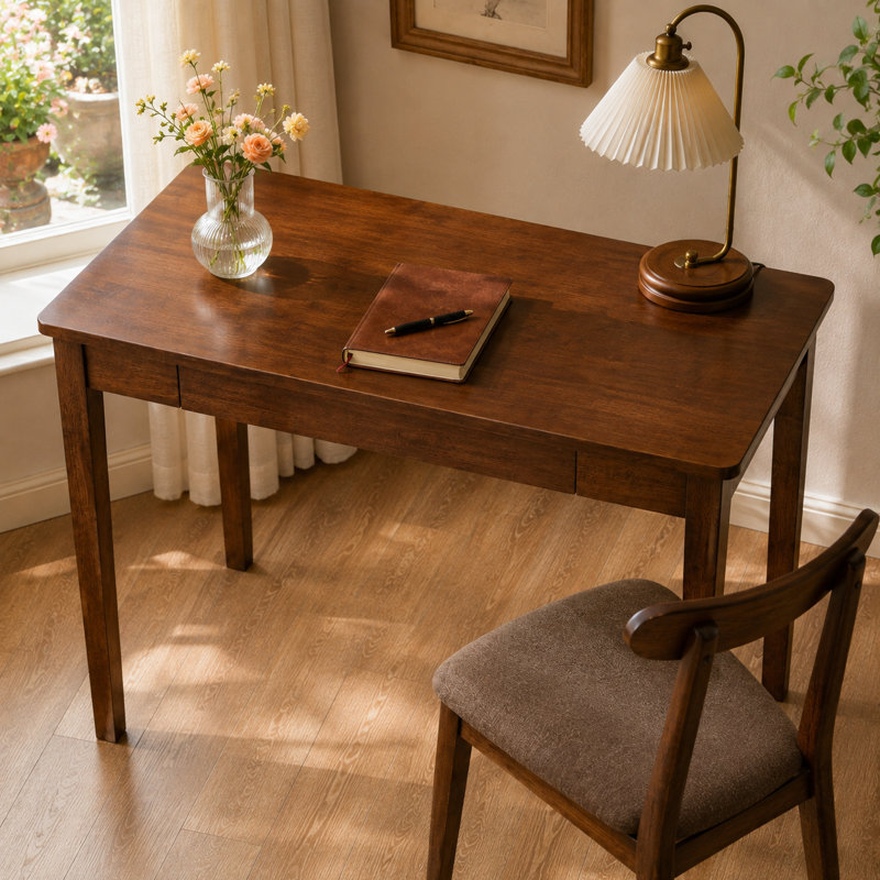 Bureau d'écriture en bois massif, bureau d'ordinateur pour bureau à domicile, bureau de travail avec tiroir de rangement et pieds en bois