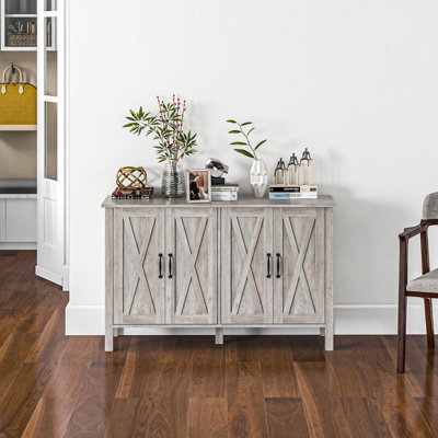 Buffet 47 po avec rangement supplémentaire - Buffet gris grain de bois et 2 tablettes réglables, finition, 4 portes de grange, tablettes, bureau