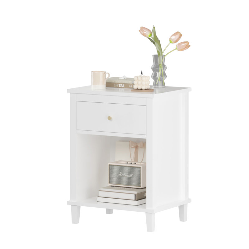 26.77''H Wooden Nightstand With One Drawer One Shelf For Kids, Adults+Handle, White