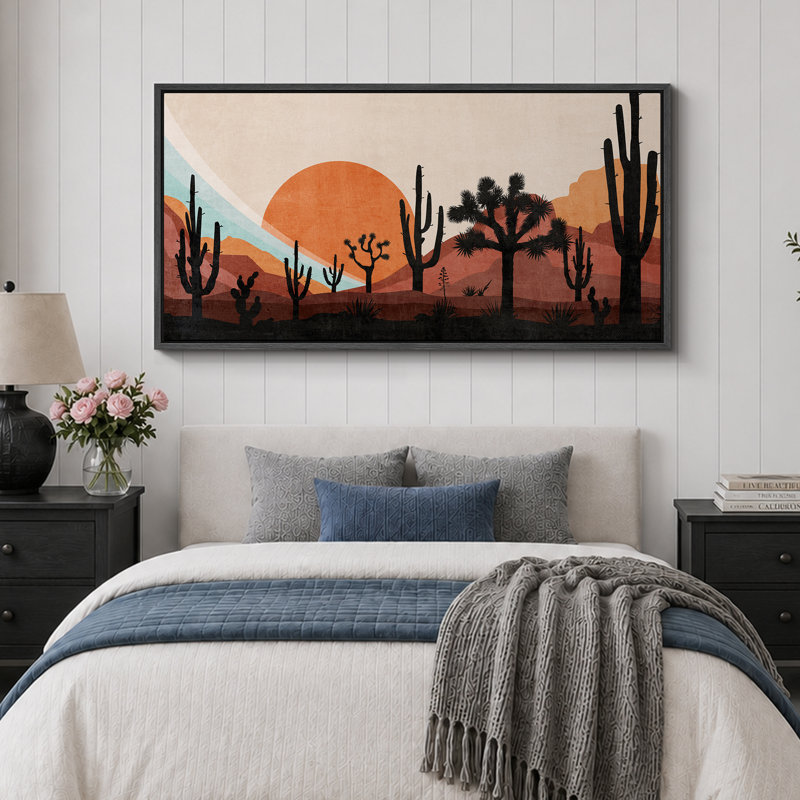 Cactus Desert Western Desert Sunset avec Cactus, H 30 po x l 60 po, Noir, noir, noir, noir