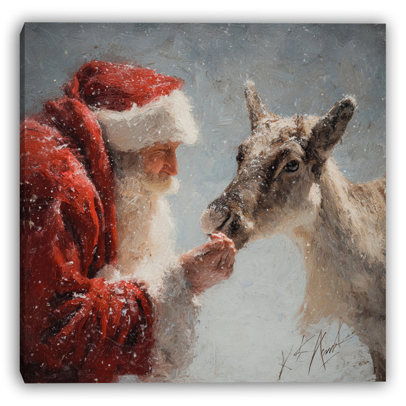 Père Noël nourrissant son renne, art mural sur toile, H 20 po x l 20 po