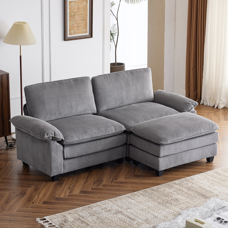 Cream Corduroy Double Cushion Loveseats With One Ottoman, Light Gray Corduroy