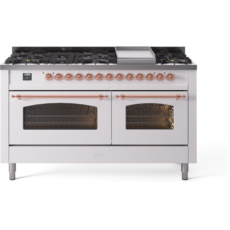 ILVE Nostalgie II 60 Dual Fuel Range, 9 Burners, Griddle, Natural Gas, White/Copper