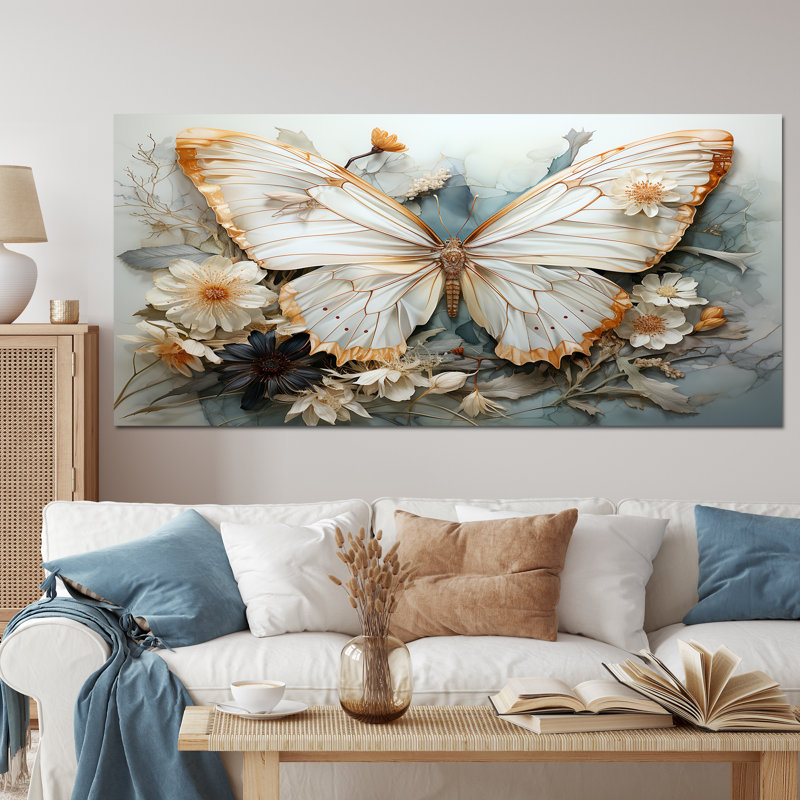 «Bisson White Gray Butterfly», reproduction sur toile encadrée, Toile tendue, H 28 po x l 60 po, Sans cadre