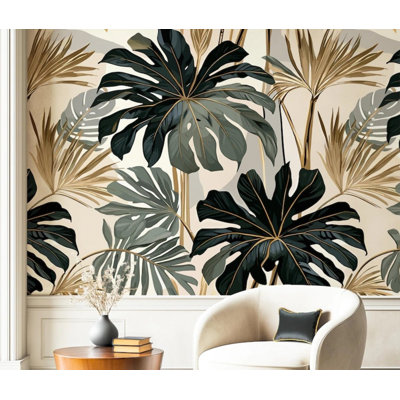 Green Gold Monstera Palm Tropical Leaf Botanical Wall Mural