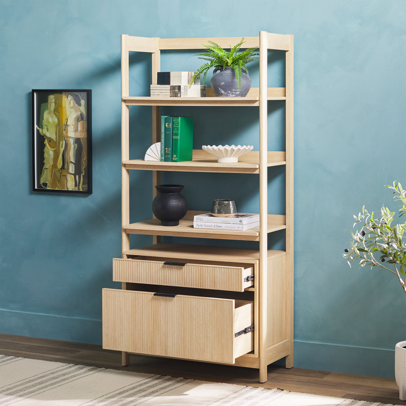 Jorah 70" H x 33" W Reeded Bookcase with Lower 2-Drawer Storage, Coastal Oak