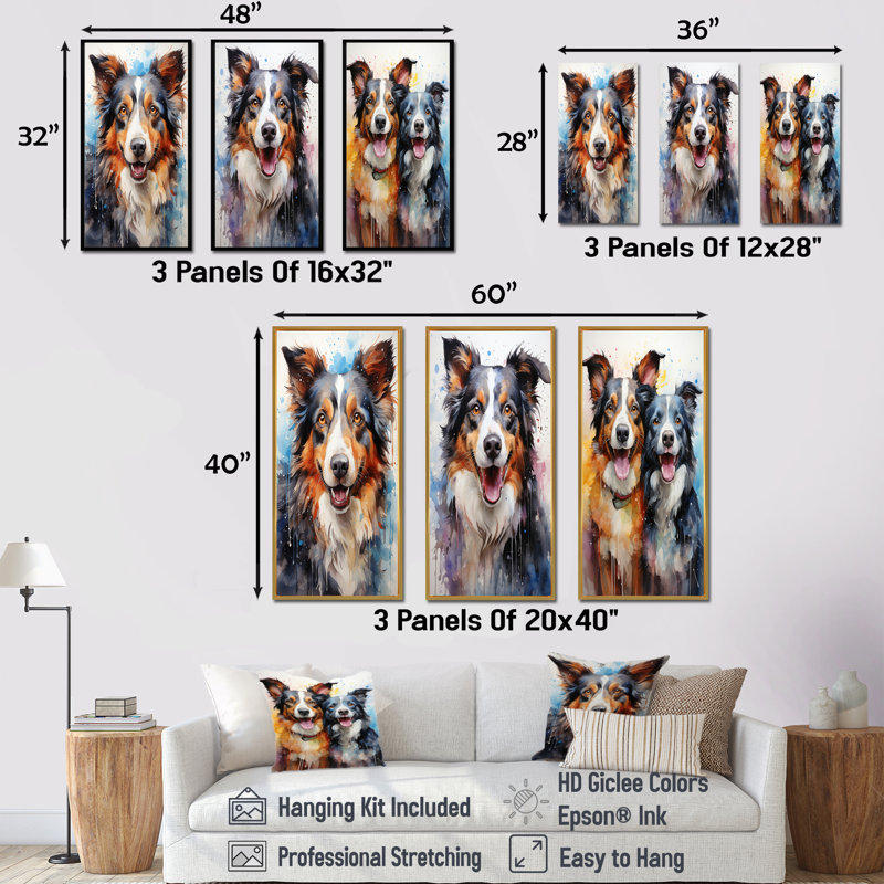 Border Collie Brilliance - ensemble de 4 impressions sur toile de chien, Cadre flottant brun, H 28 po x l 36 po