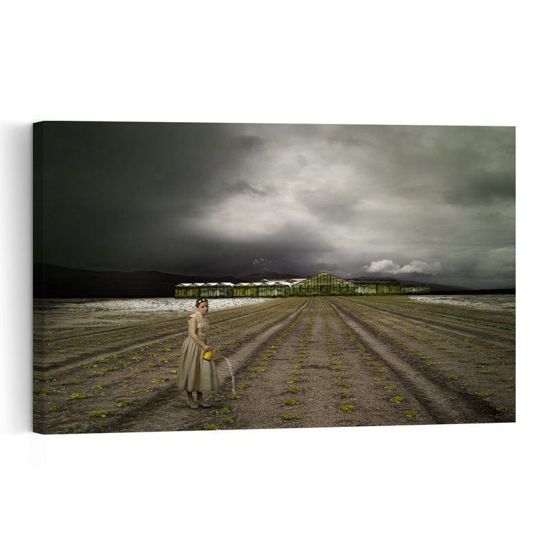 Jardinier solitaire, champ orageux, paysage industriel abstrait dramatique, affiche murale, 24" H x 36" W