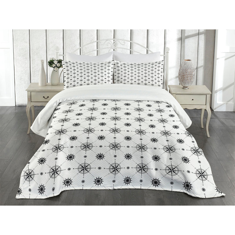 Ambesonne Compass Bedspread Set  Windrose and Helms  Black White, King Coverlet / Bedspread + 2 Standard Shams