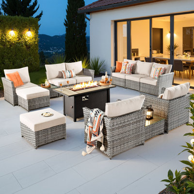 Ignatz 8 - Person No Assembly Required Outdoor Conversation Set,  Wicker Patio Seating Group with Cushions, All Weather Sectional Sofa Set with Fire Pit for Garden, Backyard