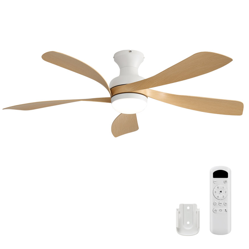 Damecia 52" 5 - Blade LED Propeller Ceiling Fan with Remote Control and Light Kit Included, White with Natural Wood Blades