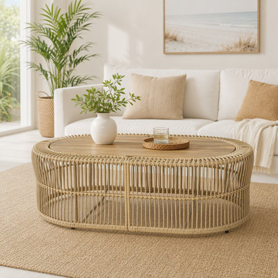 Table basse en rotin massif avec plateau en bois d'acacia au fini teck