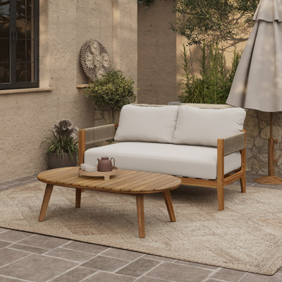 Outdoor Acacia Wood with Rope Sides Club-Style Loveseat with Cushions and Coffee Table Set