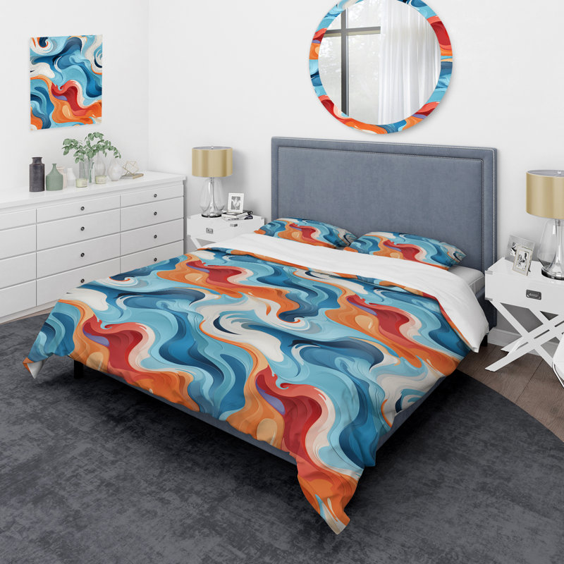 Ensemble de housse de couette Blue and Orange Swirling Waves Harmony, Housse de couette pour très grand lit et 2 très