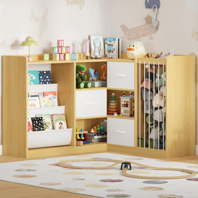 Bibliothèque pour enfants en forme de L avec rangement pour jouets, bibliothèque pour enfants avec coin lecture et 3 tiroirs mobiles, tablettes pour salle de jeux, chambre à coucher, chêne