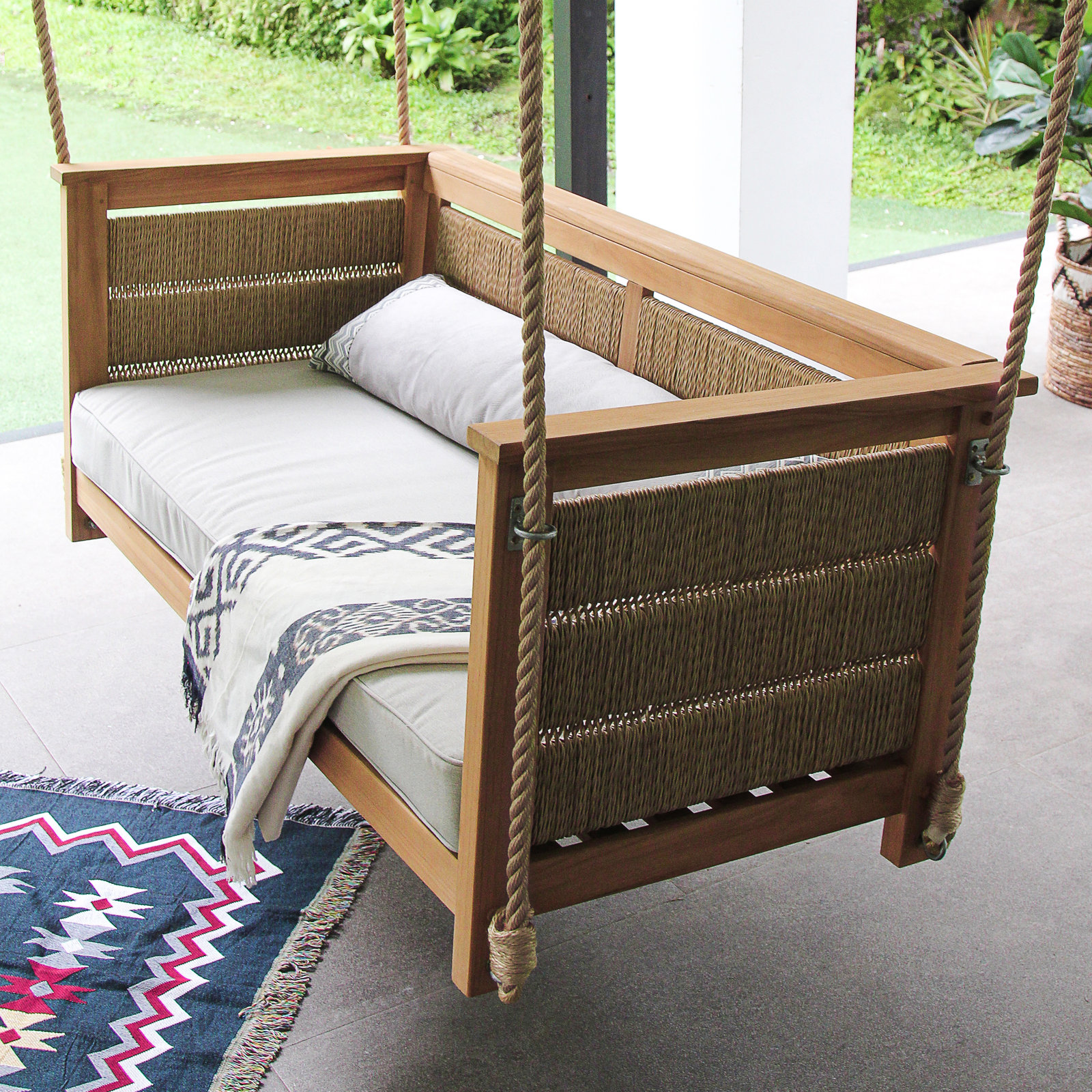 Blaine Teak Porch Swing with Cushion, Oyster Performance Polyester