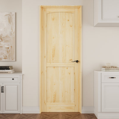 Interior 2‑Panel Pine Wood Door, Colonial Natural Solid Pine Prehung Door, with Jamb Kit, Seal Strip, Left Hand Inswing, Black Hinges & Curve Handle, Unfinished & Paintable Door, for Pantry, Bedroom, Bathroom, Closet & Living Room, 32"x 80"