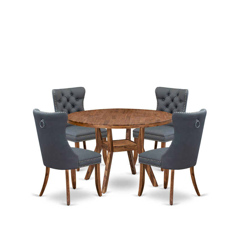 L'ensemble de table de salle à manger moderne 5 pièces comprend une table de cuisine et 4 chaises de salle à manger en tissu de polyester gris platine avec dossier capitonné - Finition noyer antique