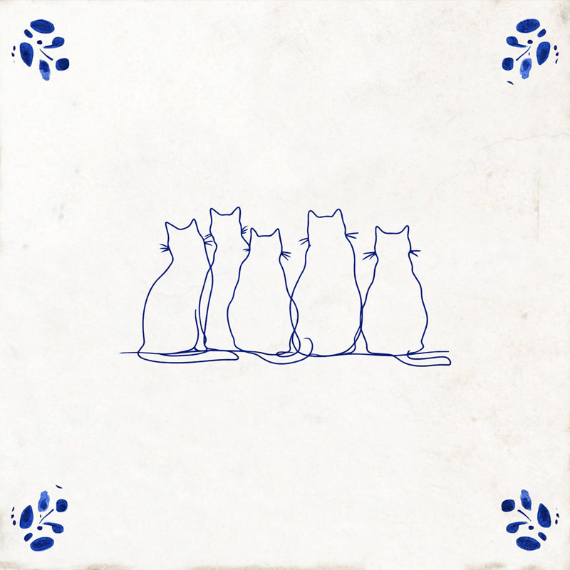 Carreau de mosaïque en vinyle autocollant de 6 po x 6 po représentant cinq adorables chats ensemble, style minimaliste bleu, pour une cuisine méditerranéenne vintage.